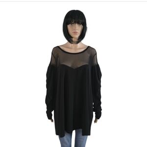 Michel Studio Black tunic top with gathered sleeves and sheer mesh panel,Size 4X
